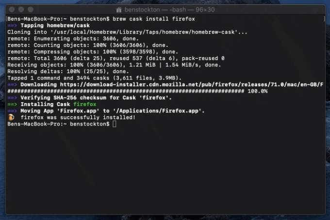 brew cask install firefox command in Terminal 