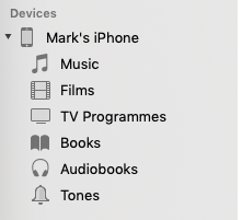 Mark's iPhone listed under Devices in iTunes