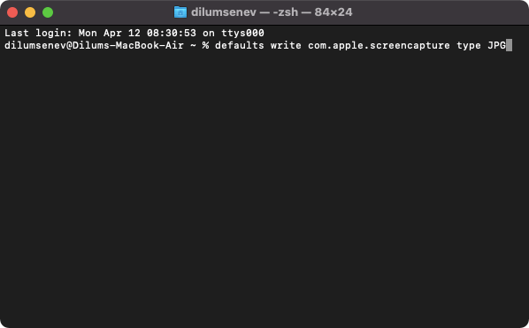 defaults write com.apple.screencapture type JPG command in Terminal 