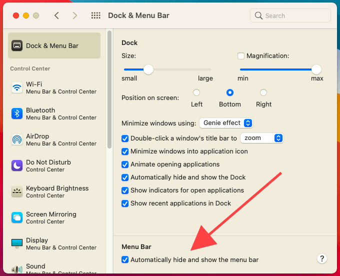 Automatically hide and show the menu bar check box in Dock & Menu Bar options