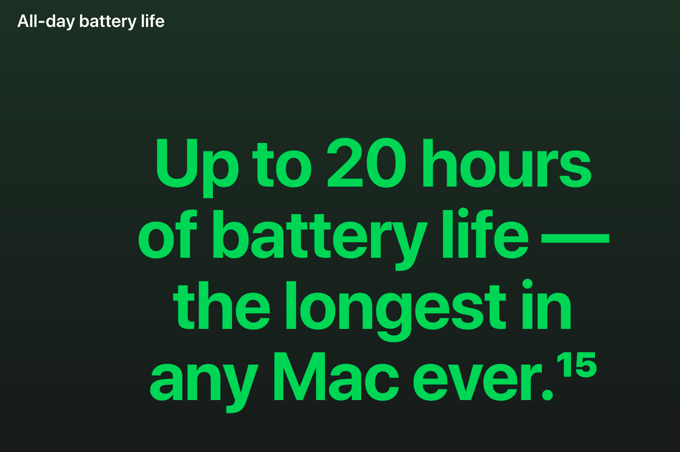 Up to 20 hours of battery life – the longest in any Mac ever