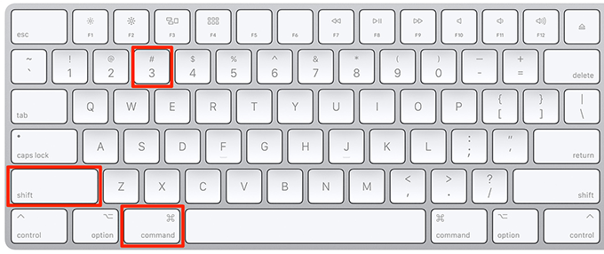 Mac Keyboard with the 3, shift, and command keys highlighted