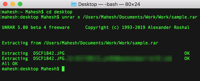 Terminal window with command: cd desktopunrar x sample.rar
