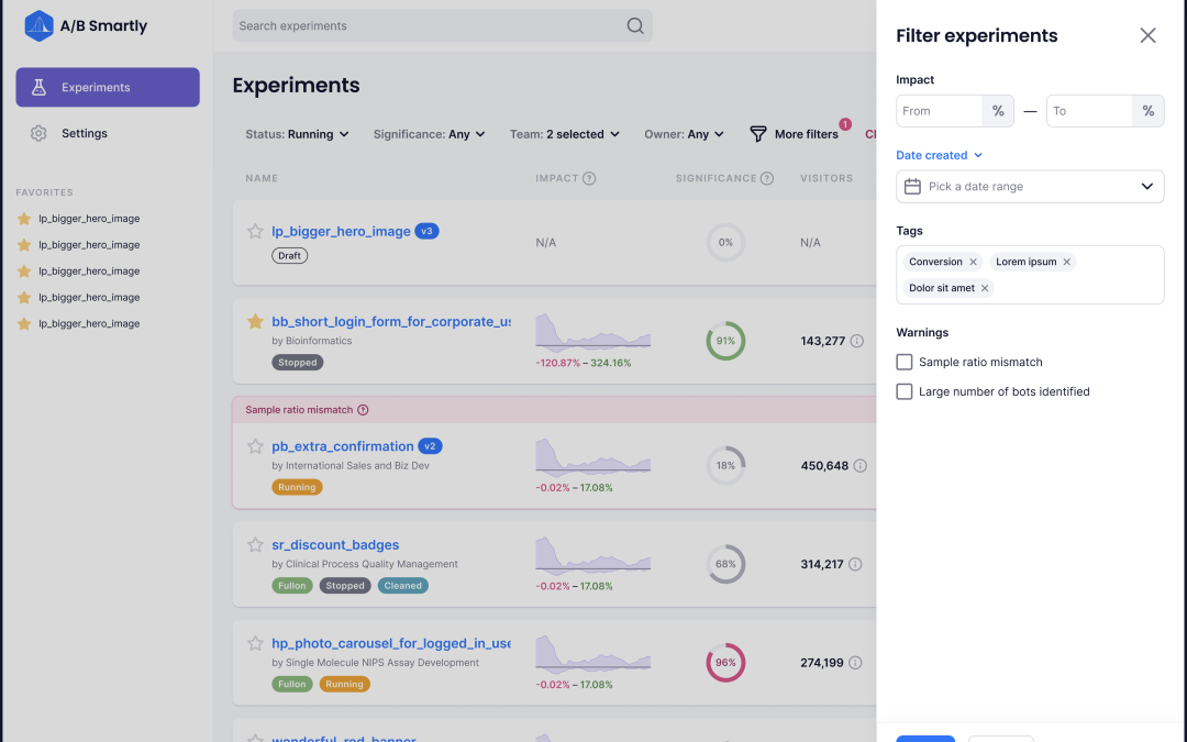 All the data about your experiments available in a single interface. Search experiments by team, by significance, by theme or tag, by status, by percentage of impact, the ones that had a sample ratio mismatch, you name it.